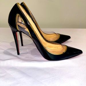 Christian Louboutin Cosmo 554 Patent Leather and Gold Pumps